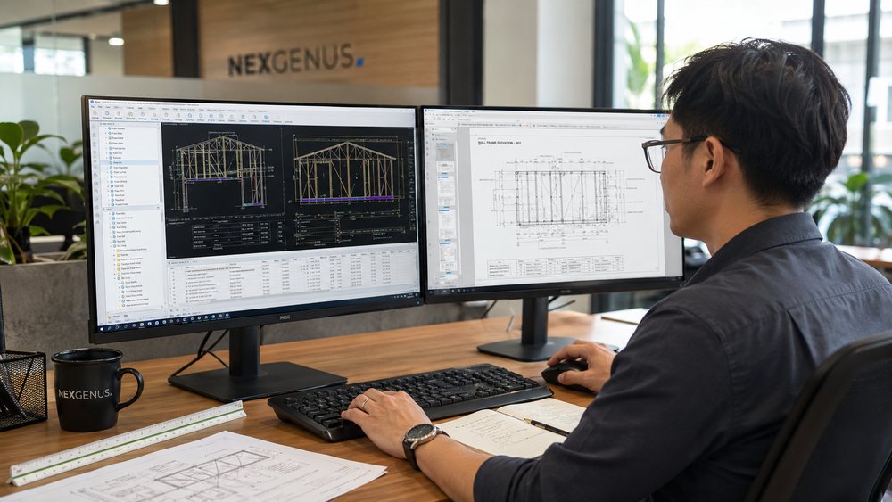 A drafter setting out cladding panels on an elevation drawing